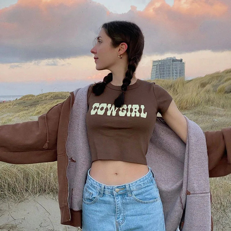 O-Neck Crop Tops Women Summer Fashion COWGIRL Print Casual